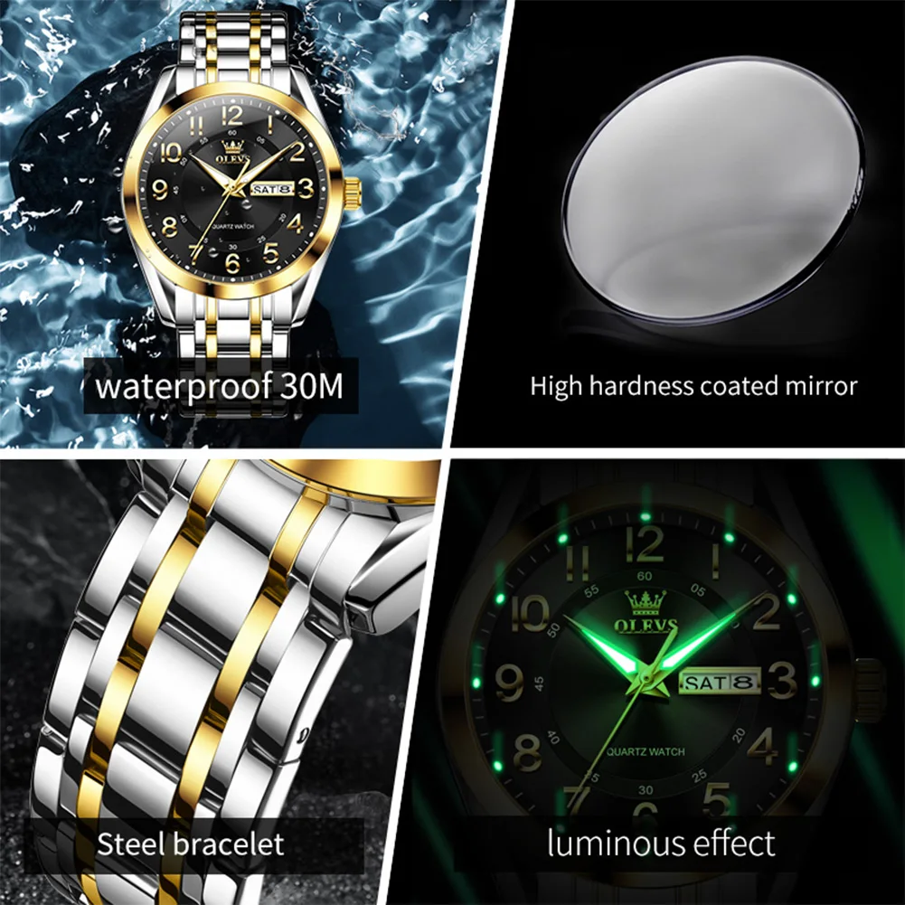 

OLEVS 3666, мужские часы, оригинальные брендовые водонепроницаемые кварцевые часы с двойным календарем для мужчин, светящиеся наручные часы с арабской шкалой