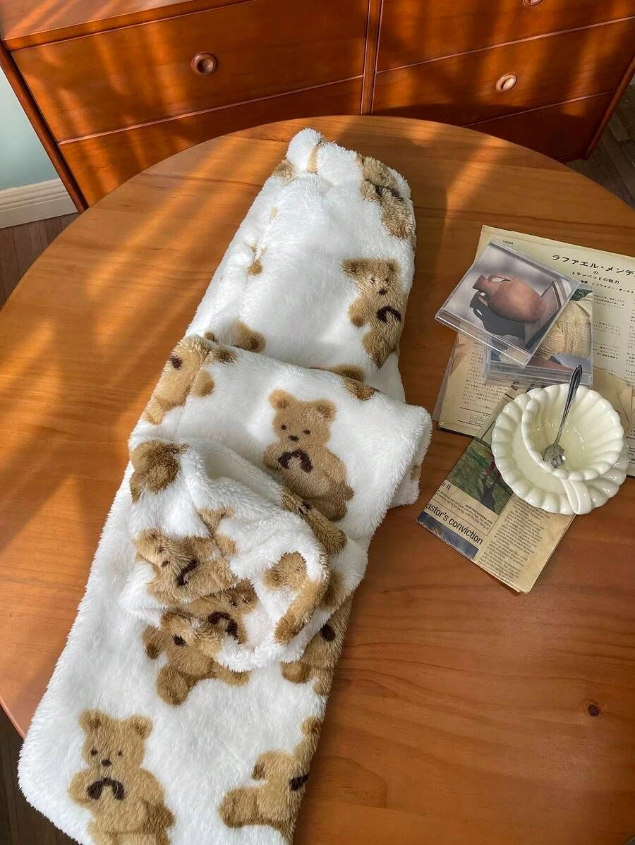 Women Cartoon Bear Pattern Flannel Plush Straight Leg Pants Fautumn Winter Warm Soft Comfortable Comfortable Home Sleeping Pants