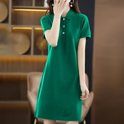 Woman New 100% Cotton Soft Dress Polo Collar Long Loose Large Size Pullover Sweater Spring Summer Short Sleeve Bottoming Dress