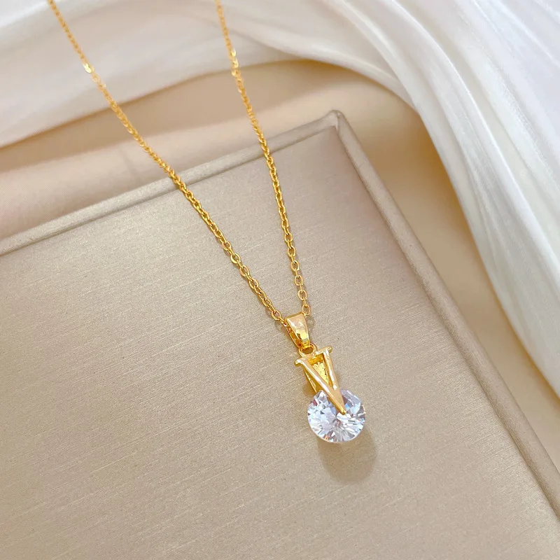 LUCKY99 New Stainless Steel Letter V Zircon Pendant Necklaces For Women Luxury Cute Exquisite Zirconia Necklace Party Jewelry