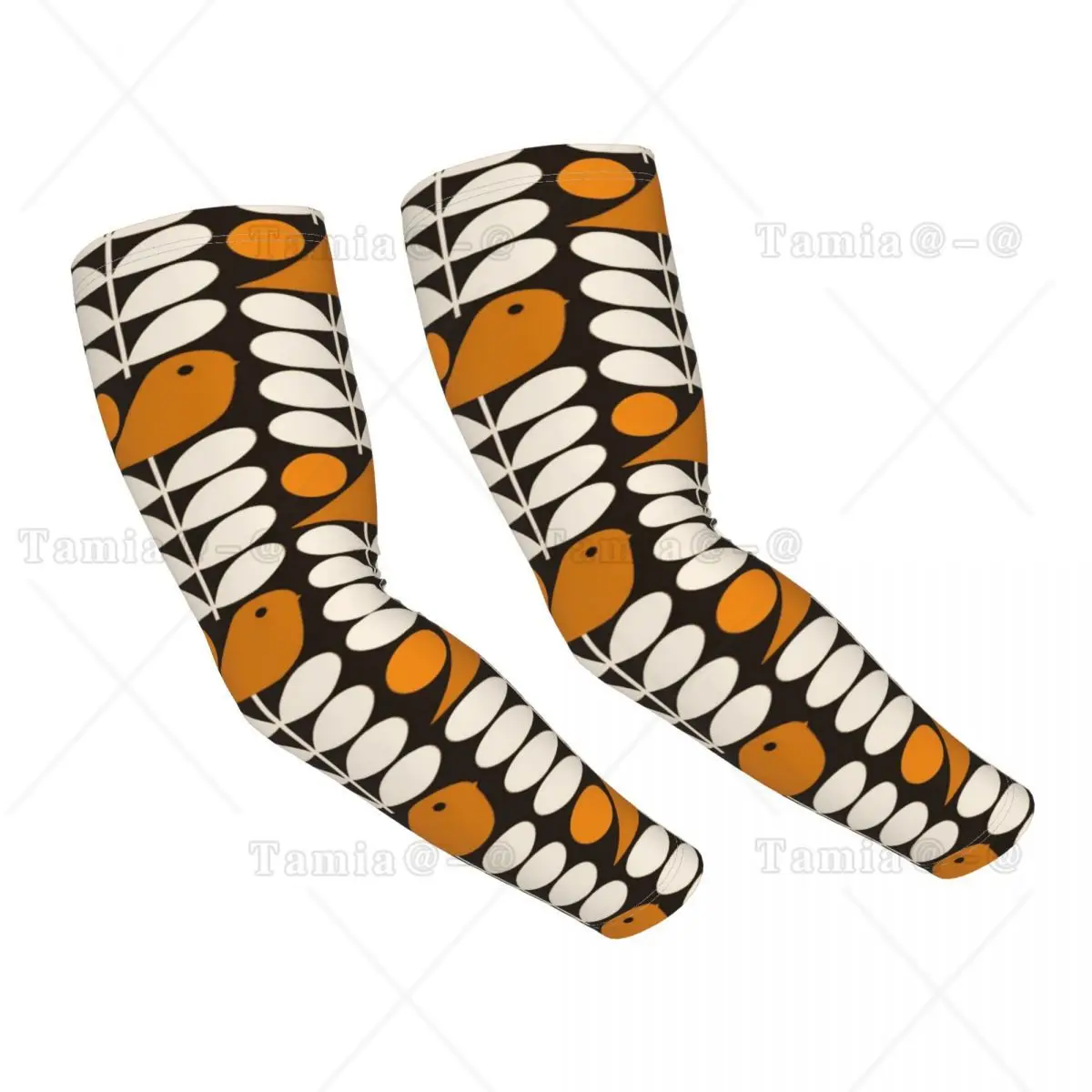Custom Orla Kiely Scandi Sports Compression Arm Sleeves Warmer Black White Orange Multistem Birds UV Protection Tattoo Cover Up