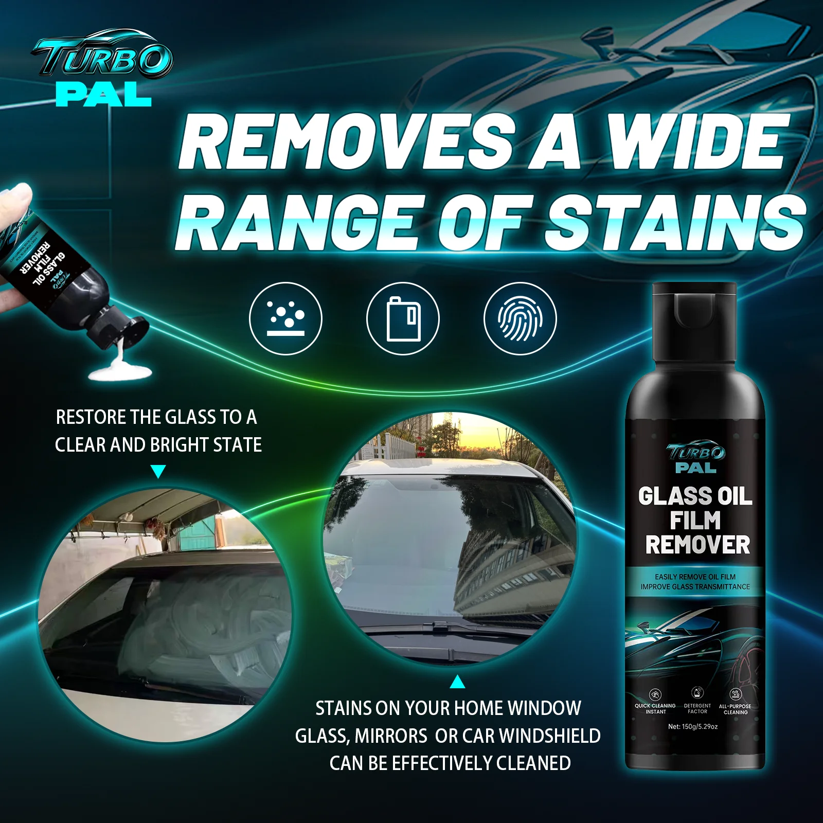 TURBOPAL Glass Oil Film Remover, Streak-Free Cleaner, Anti-Fog & Protective Coating, Removes Water Spots, Bird Droppings