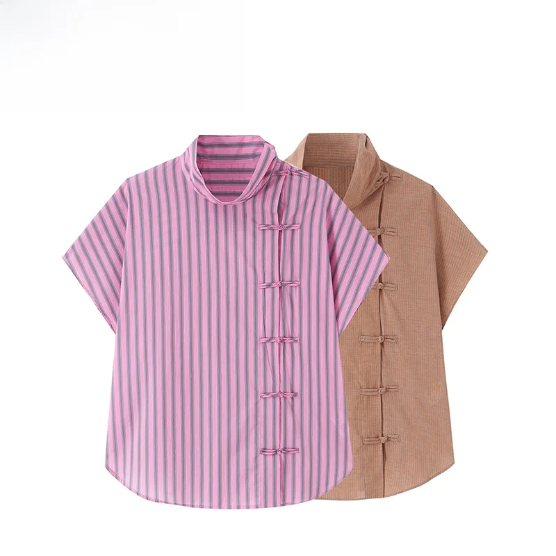 Fashionable Stripe Rope Buckle Shirt Women's Summer New Style Versatile Breathable Short Sleeve Polyester Fiber Shirt