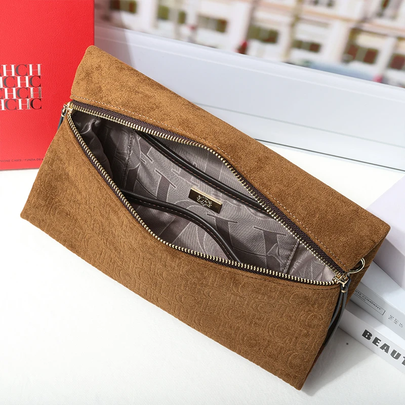 CH Womens Suede Shoulder Bag Embossed Crossbody Clutch Luxury Designer Handbag Double Zipper Casual Purse