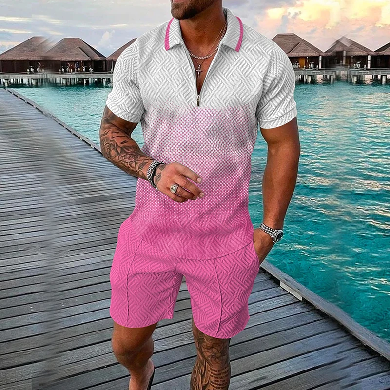 2023 Summer Men\'s Set Fashion Casual 3D Printing V-Neck Zipper Short Sleeve POLO Shirt Shorts Men\'s Set 2 Pieces Men\'s Clothing