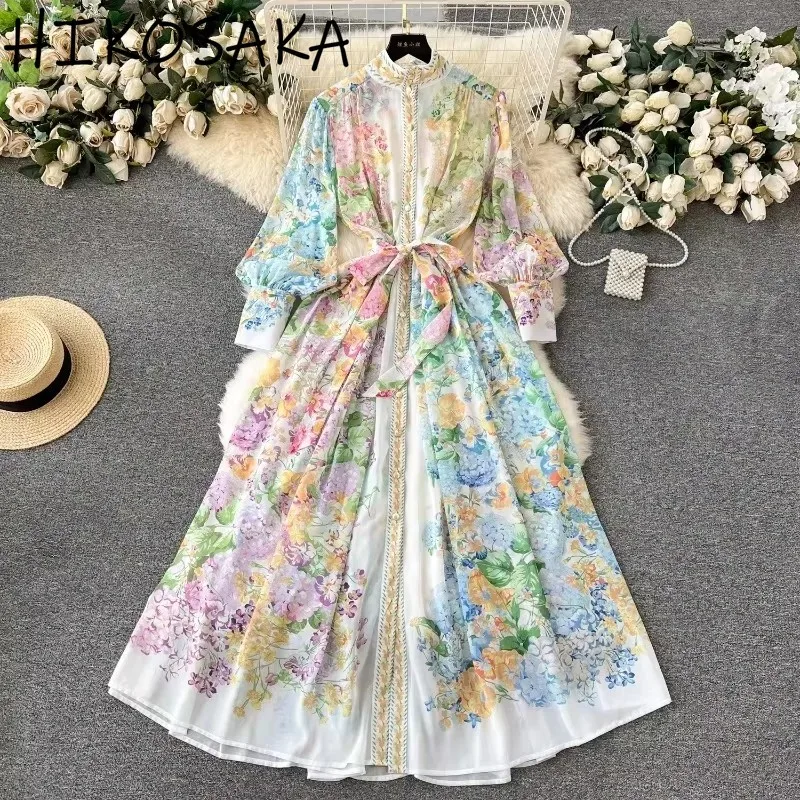 French Retro O-Neck Dresses Women Casual Long Puff Sleeves Leisure Dresses Vacation Loose Single-breasted Long Vestidos