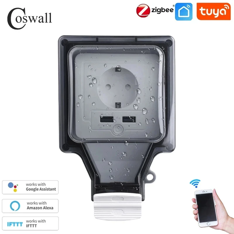 Zigbee Tuya IP66 Waterproof EU Socket 2 USB Charging Port Independent Control Timer Switch Programmable With Alexa Google Home