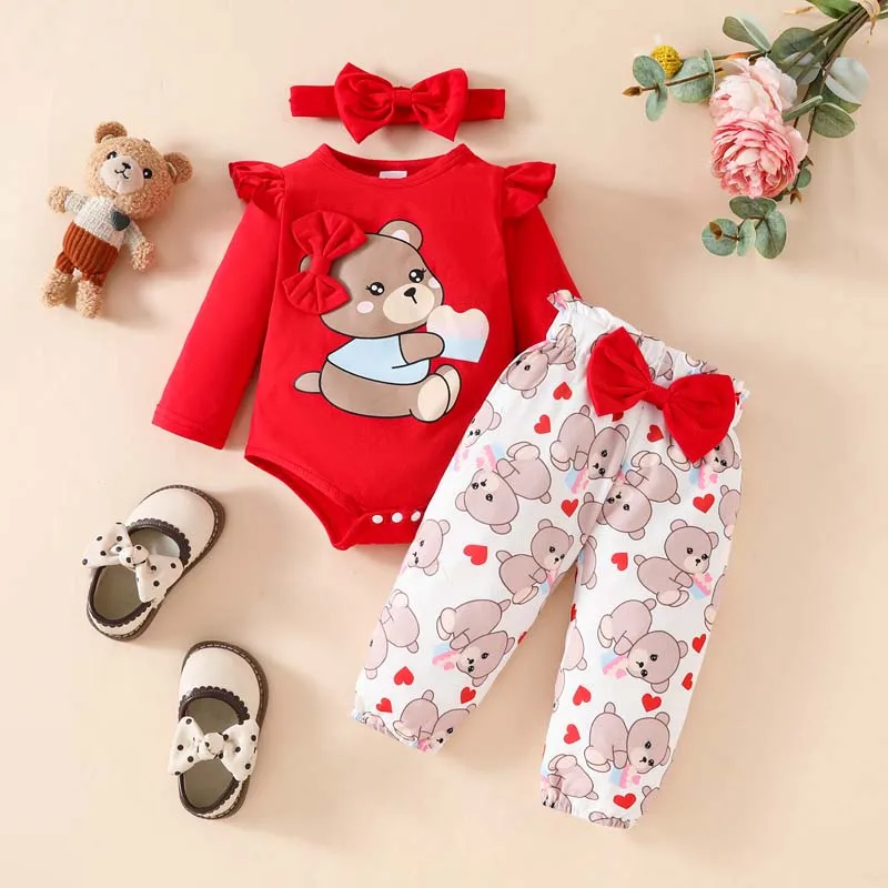 

3Pcs Set Newborn Baby Set Girl Clothes Cute Bear Bow Long Sleeve Bodysuit Printed Pants Hairband Spring&Autumn Baby Girl Outfits