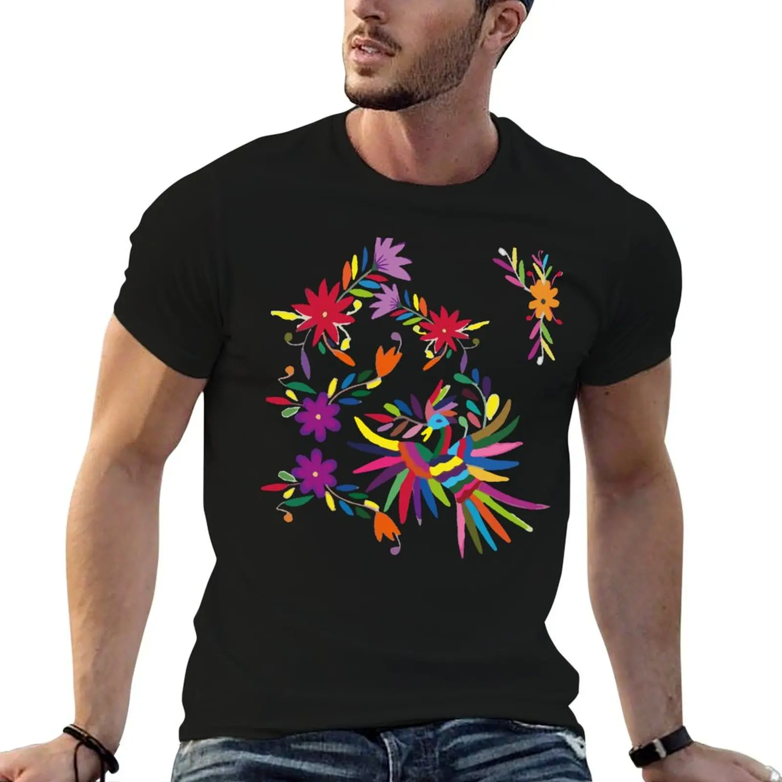 

Mexican handmade embroidery multicolor otomí tenango bird and flowers T-Shirt man t shirts cotton man t shirts for men T-Shirt