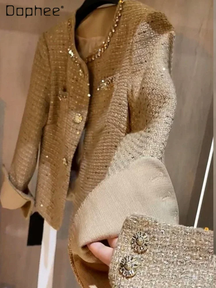 

Temperament Socialite Rhinestones Beaded Coat Ladies Fall 2023 New French Style Loose Commuter Long Sleeve Khaki Jacket Women