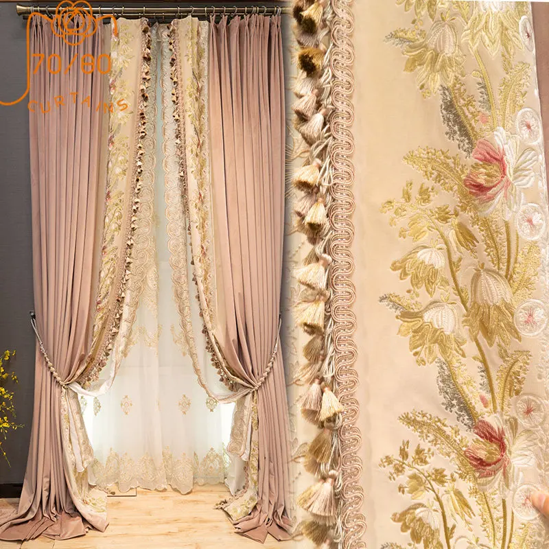 

High-grade Pink Princess Embroidery Stitching Flannel Thickened Blackout Curtains for Living Room Bedroom Dining Room