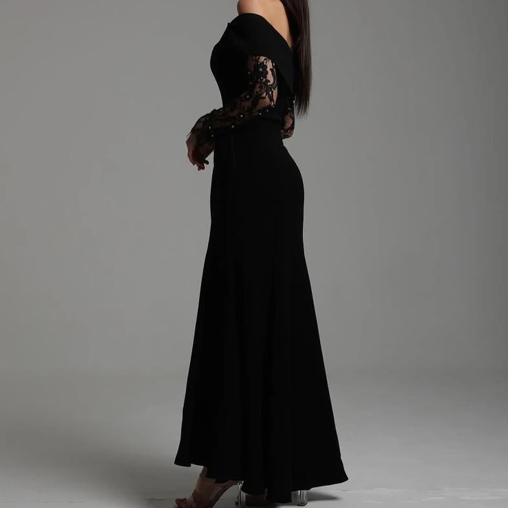 Delicate Jersey A-Line Off the Shoulder Lace and Crystal Evening Dress Strapless Long Sleeves Floor Length Sweep Train Black