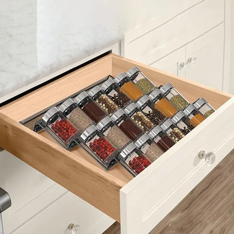 4-Tier Expandable Seasoning Jar Storage Rack Spice Drawer Organizer Tray Kitchen Pantry Countertop Organization Shelf