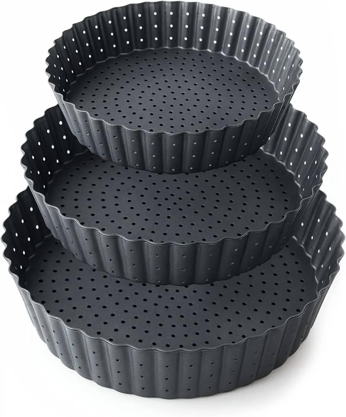 

Set of 3 Deep Dish Pie Pan with Removable Bottom - Fluted Carbon Steel Tart Pan for Quiche Lorraine