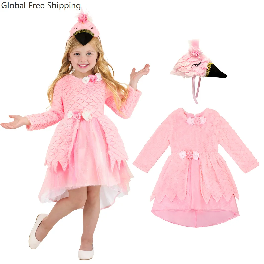 

Pink Flamingo Girls' Costume Suitable for children aged 3-10 Halloween Party Animal Role play Floral Headpiece Dress Set 2026