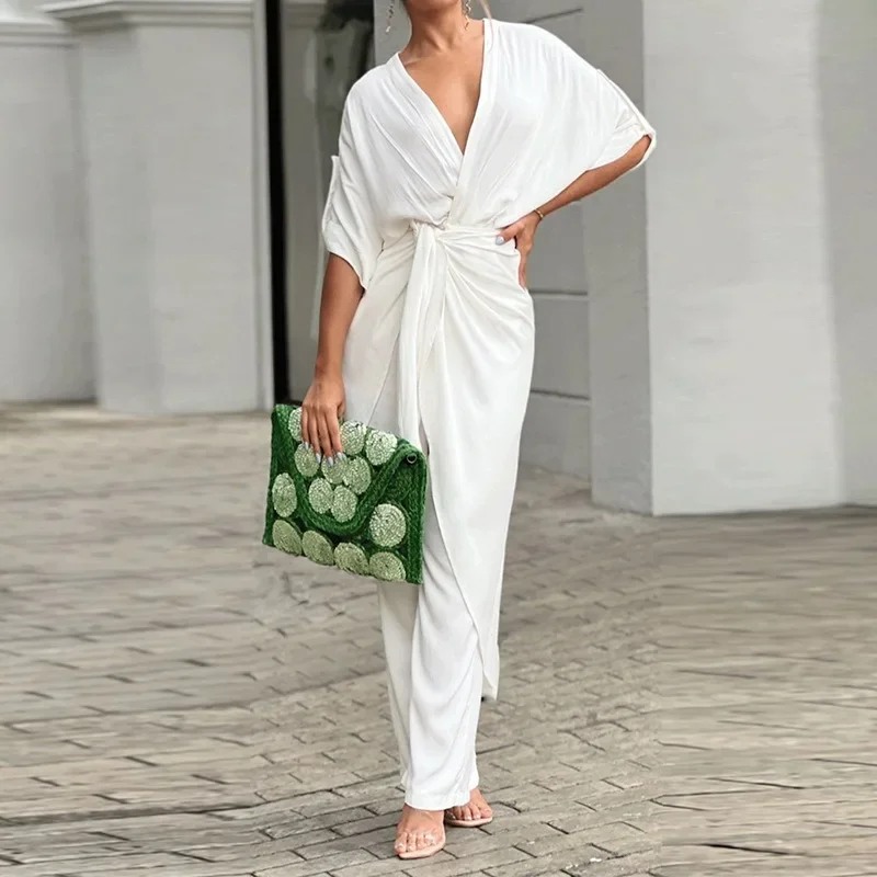 

Amazon European American Foreign Trade Women's Clothing Ins Tie V-neck Elegant Long-sleeved Fashionable Two-piece Set for Women