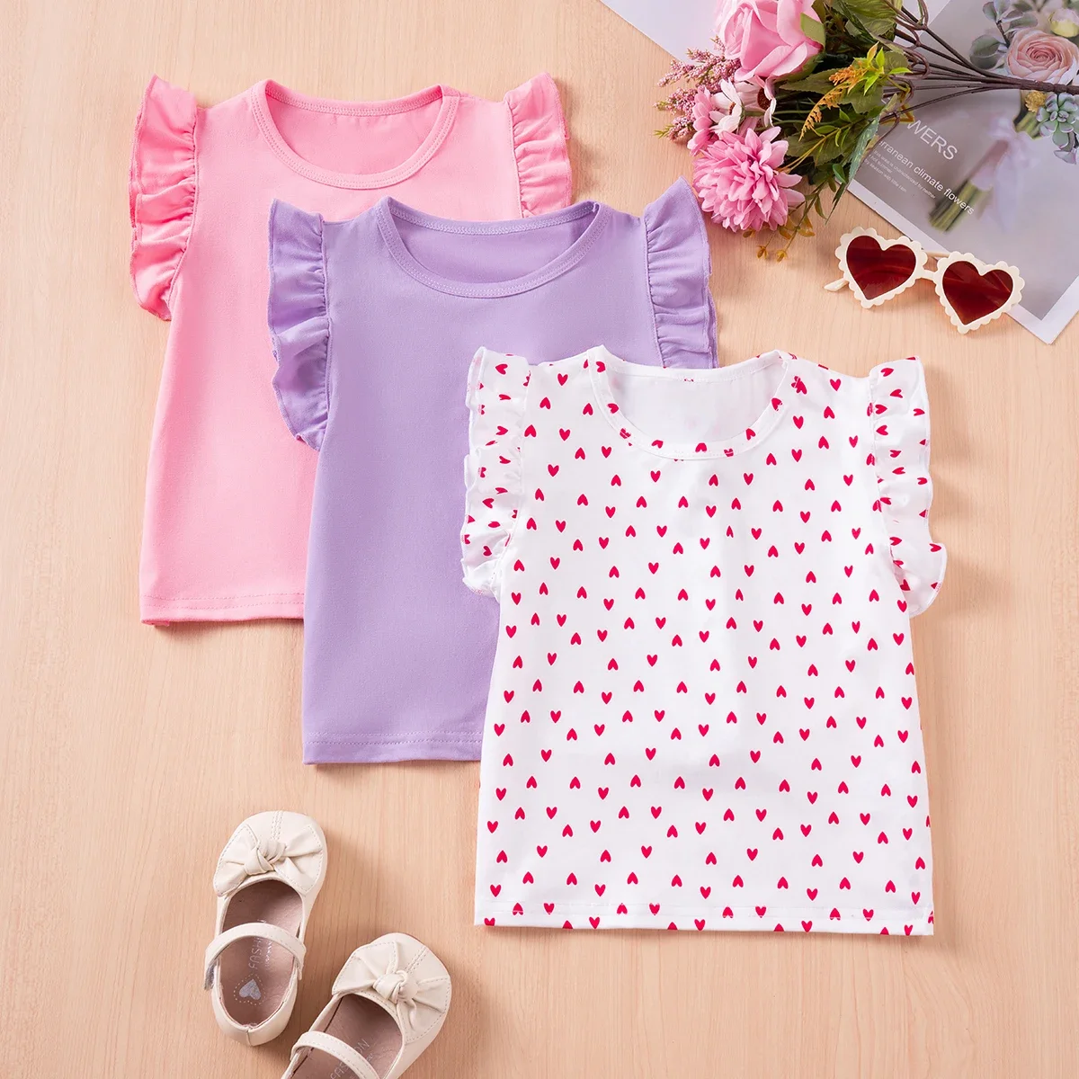 Baby Girls 3-piece Tank Top Summer Ruffle Edge Flying Sleeves Comfortable and Cool 3-piece Knitted Casual Fashion Daily Wear