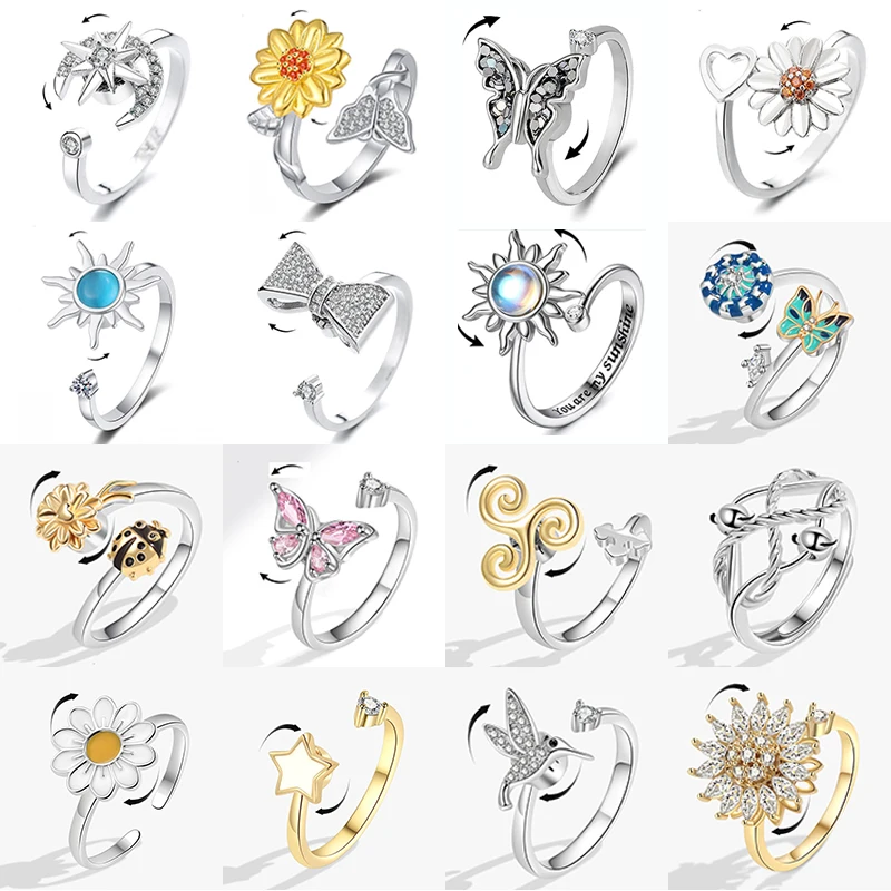 Luxury Anxiety Relaxing Women Ring Multiple Style Crystal Butterfly Birds Animal Rings Sunflower Anti Stress Wedding Jewelry New