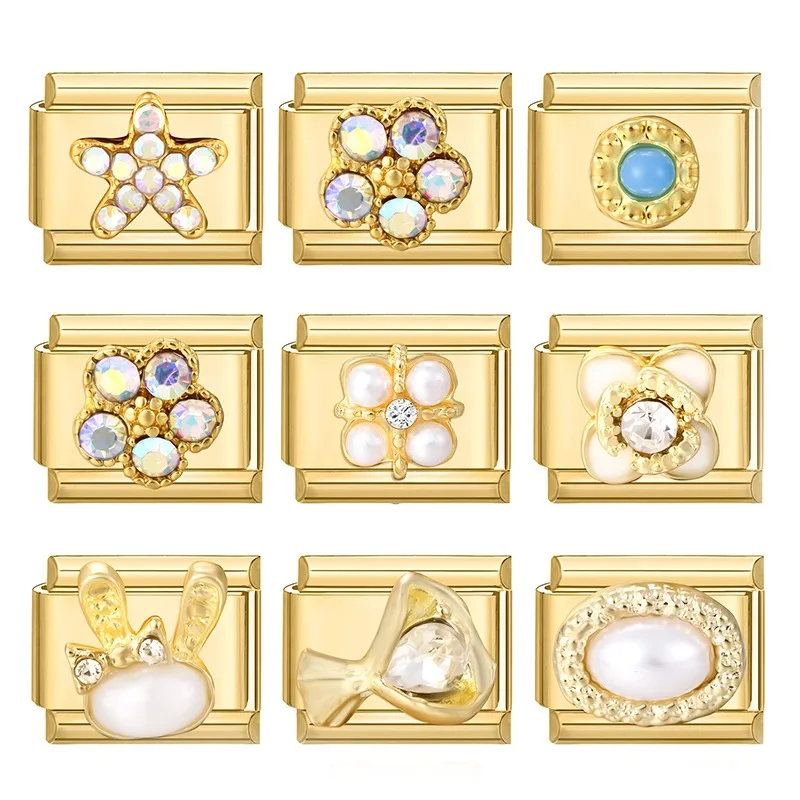 New Butterfly Heart Bow Knot Cross Gold Color Zircon Italian Charm Links Fit 9mm Bracelet Stainless Steel Women DIY Making Gifts