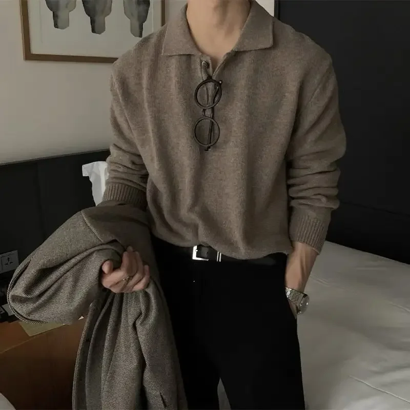 Korean Fashion Men Polo Lapel Sweaters for Men Pullover Loose Casual Buttons Niche Design Harajuku Knit Sweater Men