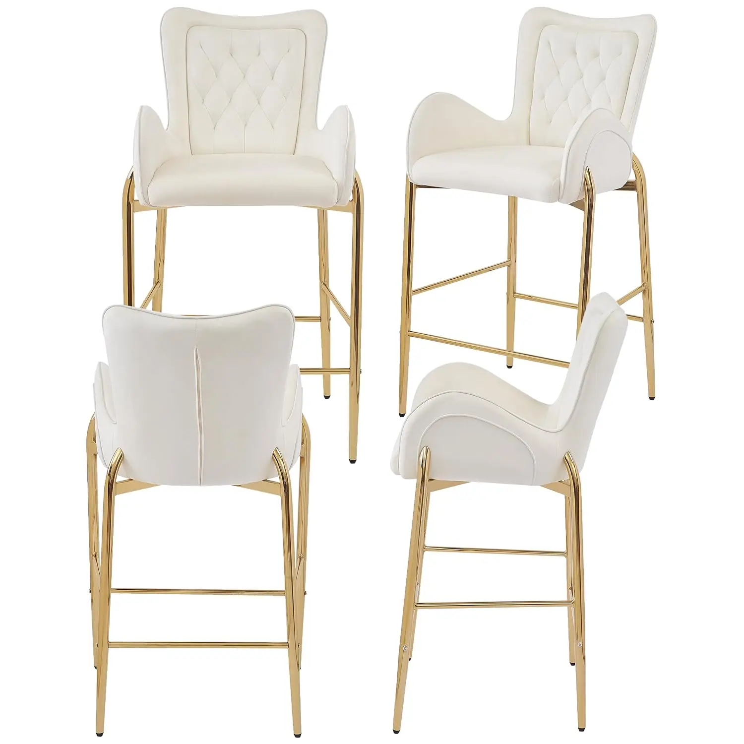 

Комплект из 4 барных стульев из велюра, 28,75 дюймов, с подлокотниками, золотыми металлическими ножками, подставкой для ног, для кухни, столовой, домашнего бара, на заказ