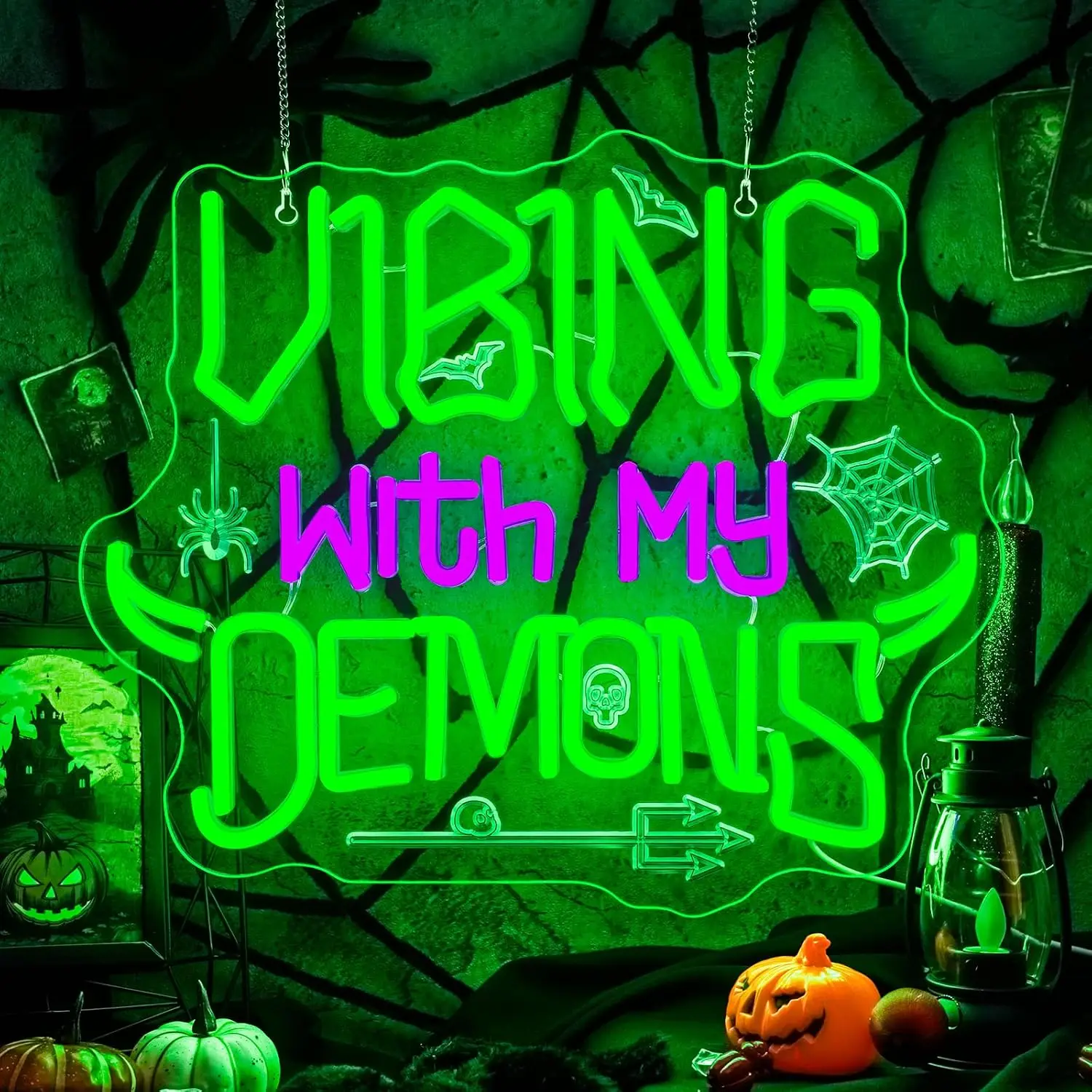 Vibing With My Demons Neon Sign USB Powered LED Neon Light Halloween Party Gothic Bedroom Gaming Room Bar Window Home Decor Gift