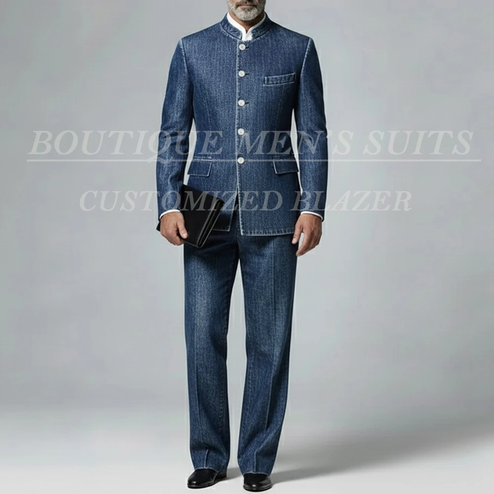 

Customzied Denim Men's 2 Piece Suits Slim Fit Single Breasted Stand Lapel Jacket Pants Male Clothing Luxury Full Sets Costume