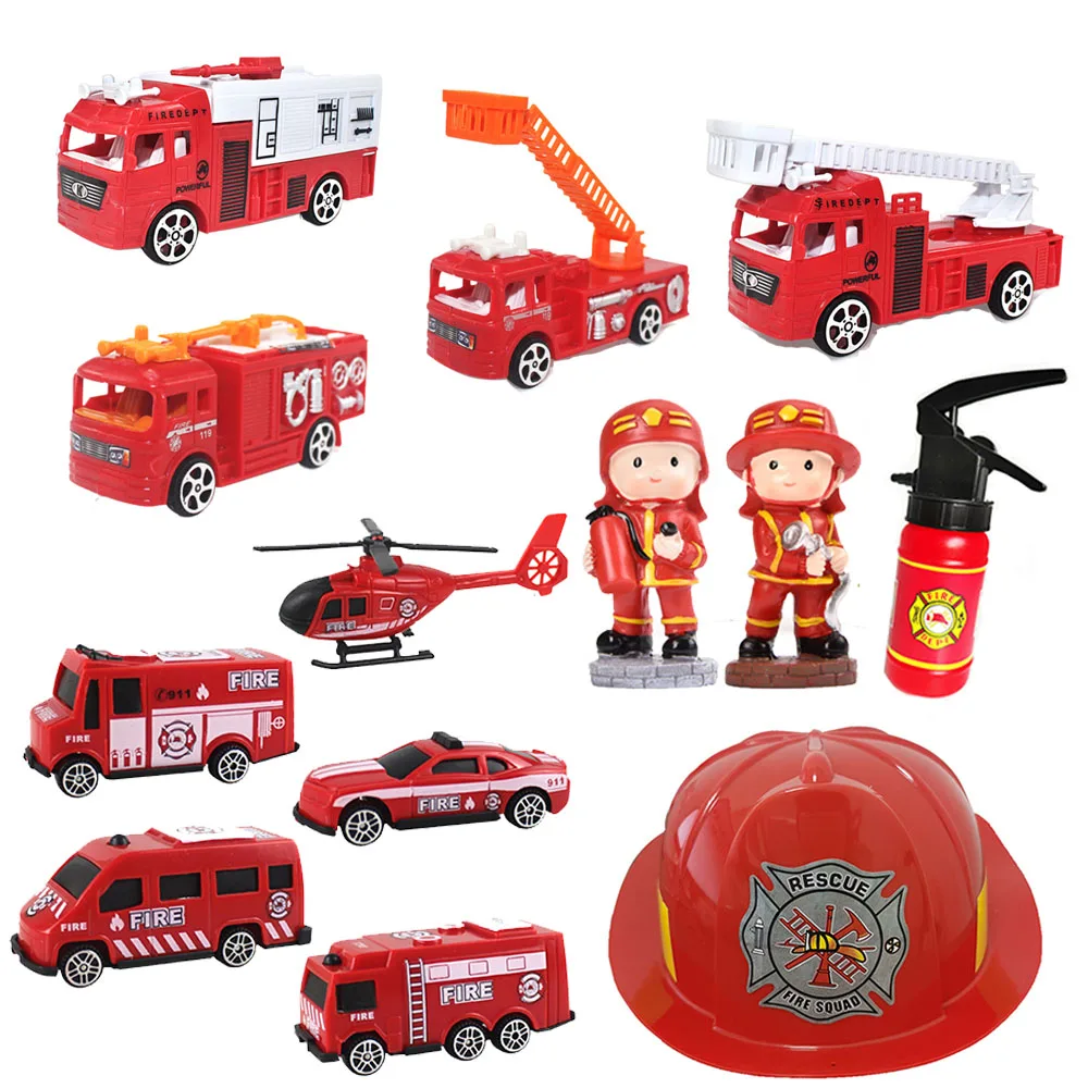 Firefighter Party Favors Mini Fire Trucks Toy Boys Helmets Hats Fire Extinguisher Mini Fireman Figure Fire Truck Birthday Decors