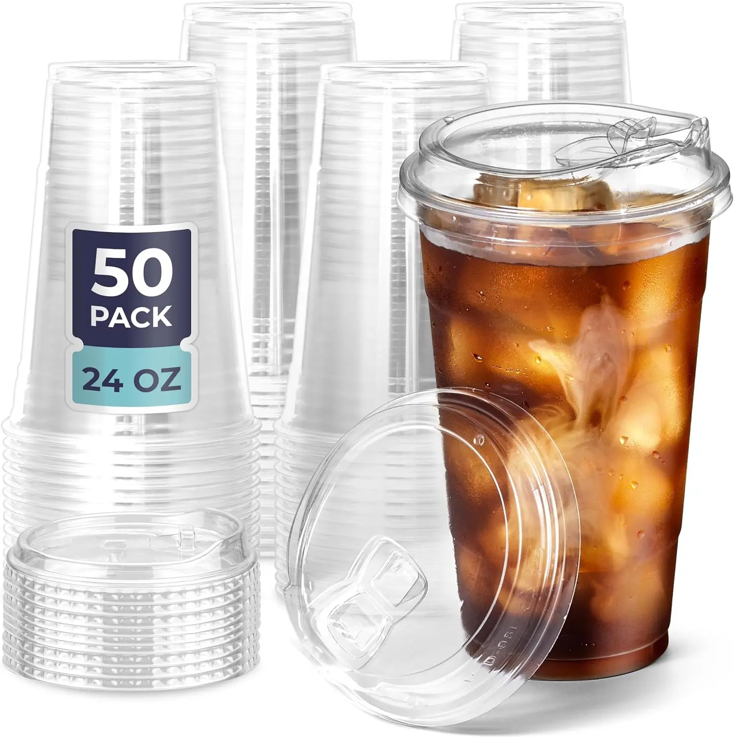

50 Pack 24 oz Clear Plastic Cups with Strawless Sip Lids, Disposable To Go Cups for Iced Coffee, Smoothies, Party Drinks