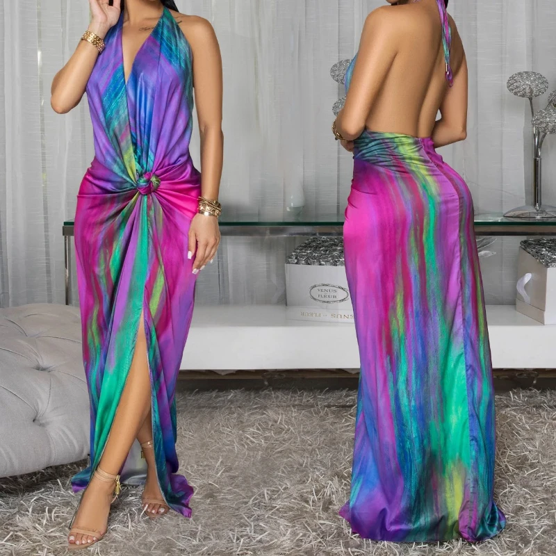 Women's Summer Sleeveless Backless V-Neck Long Maxi Dress Street Ruched Women Gradient Print Party Night Evening Vestido Dresses
