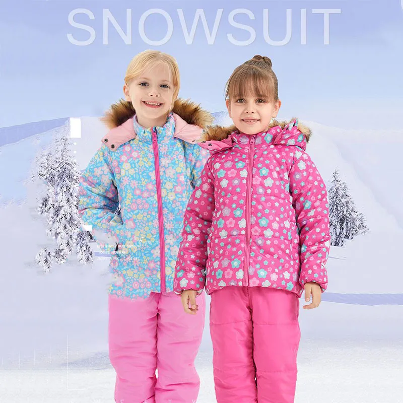 4-7T Kids Winter Hooded Ski Suits Long sleeve Warm Snowboard Coats+Pant Outdoor Sportwear Thick Cotton Snowboard Skiing Suit