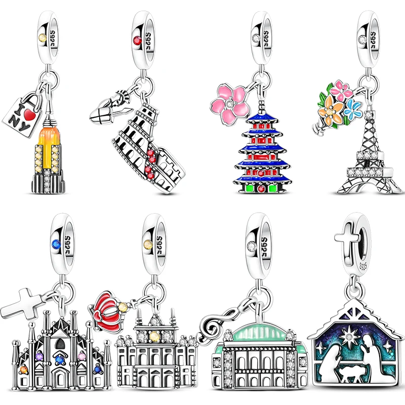 Novo 925 prata esterlina encantos contas famosa torre eiffel coliseu palácio de madrid pingente charme para pulseira diy jóias femininas