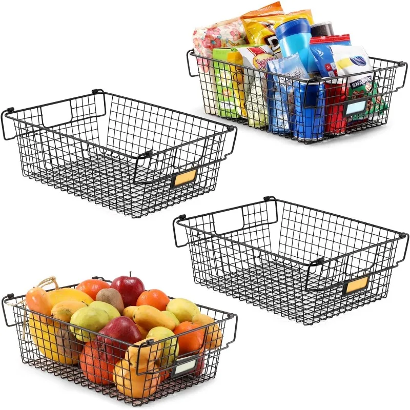 

4 Pack [ XXXL Large ] STACKABLE Wire Baskets for Organizing - Pantry Storage and Organization Metal Bins for Produce,