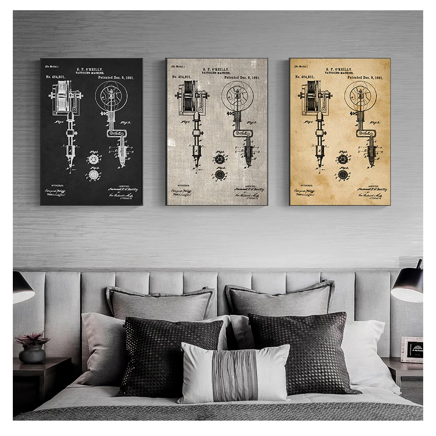 Tattoo Parlor Wall Art Canvas Painting Posters Decor Vintage Blueprint Picture Decorations First Machine Patent Prints