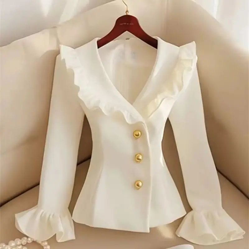 

White Waist Cinching Jacket For Women 2026 New Spring Autumn Lotus Leaf Edge Design Thin Style Suit Jacket Female Top Coat