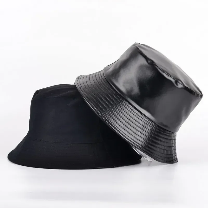 New Autumn Winter Pu Leather Cotton Bucket Hat Men Women Fashion Double Sided Fisherman Hat Outdoor Water Proof Panama Wholesale