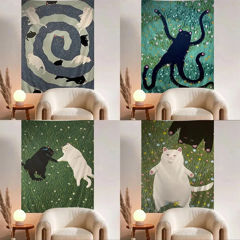 VIKAMA Niedlicher Cartoon-Katzen-Wandteppich, lustiger, skurriler Katzen-Wandbehang für Schlafzimmer, Wohnzimmer, Wohnheim und Heimdekoration