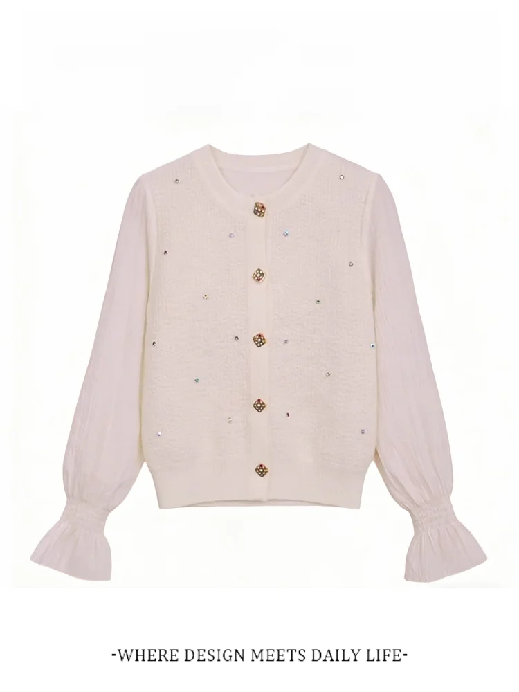Ladies Knitted Sweater Spring New Style Loose Fit Heavy Embellished Bell Sleeve Casual Fashion Versatile Slimming Top