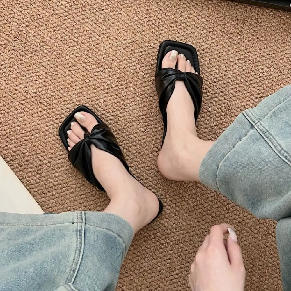 Light Luxury PU Bow Beachwear Flip Flops Soft Sole Anti Slip Clip Toe Flip Flops Shoes Sweet Flat Slippers Women Girls