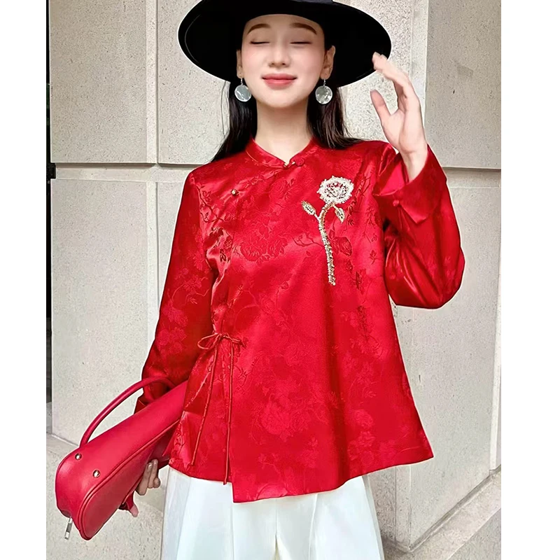 Autumn New Small Stand Collar Silk Jacquard Fabric Handmade Beaded Crabapple Flower Beautiful and Elegant Women's Jacket S-XL