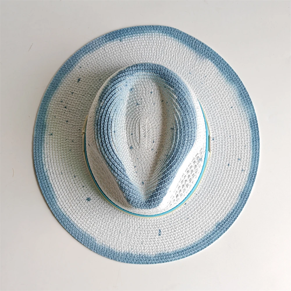 Fashion Blue Gradient Straw Panama Hat Unisex Breathable Fedora Wide Brim Summer Beach Sun Hat Lightweight Travel Vacation Cap