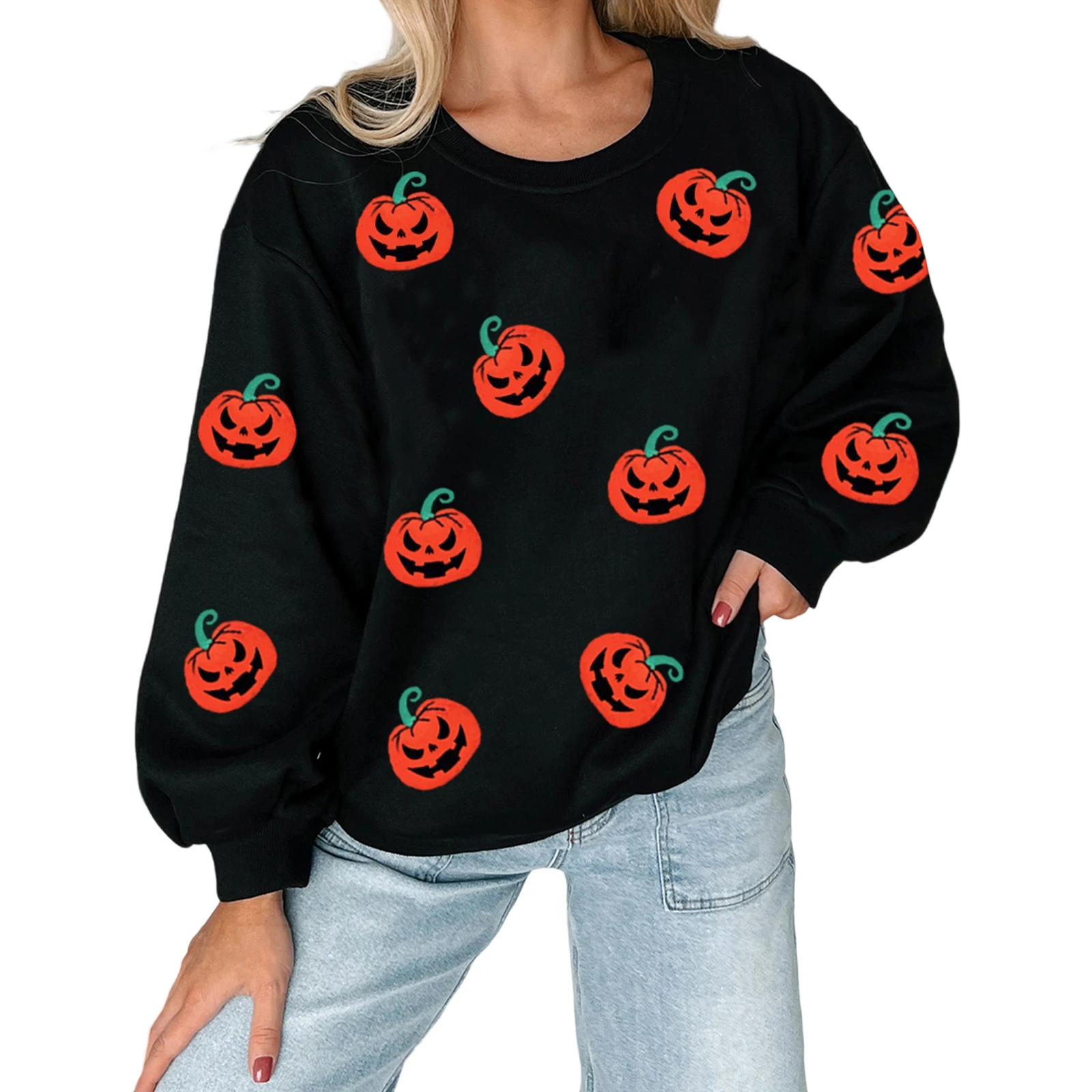 

Women's Halloween Loose Hoodies Sweatshirt Long Sleeve Round Neck Pumpkin Print Pullover Personality Streetwear Y2K Sweatshirts