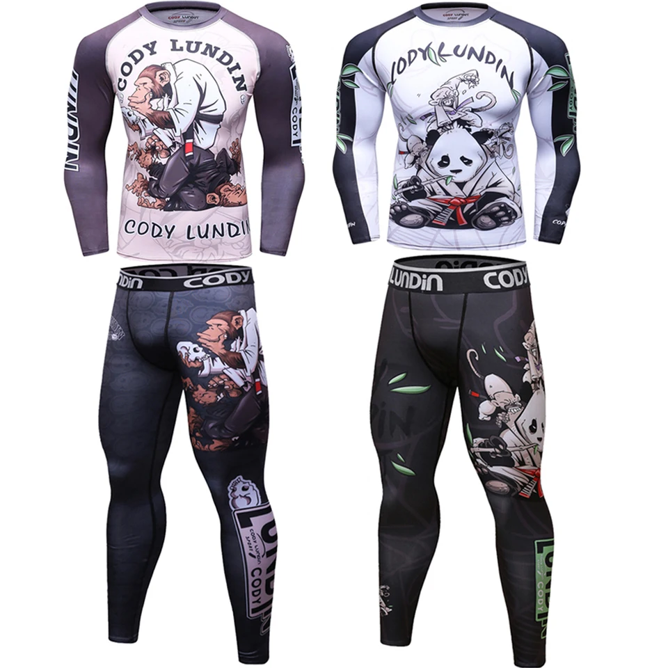 Rash Guard Jiu Jitsu t-shirty + spodnie zestawy Rashguard dla mężczyzn Kickboxing pot trening gimnastyczny MMA zestaw bokserski Muay Thai T-shirt