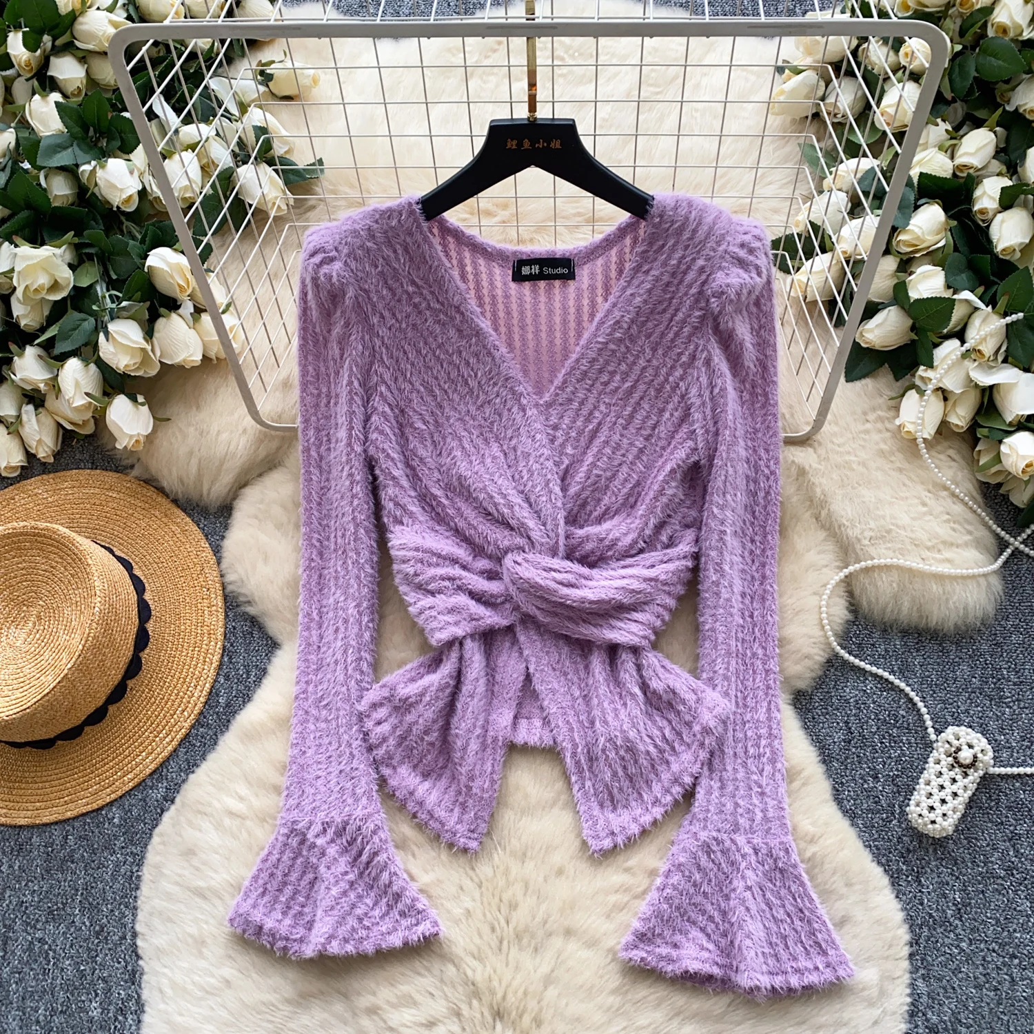 

Elegant Vintage split Knit Blouse Long Sleeves Korean Fashion Chic Goth autumn Shirt women clothing
