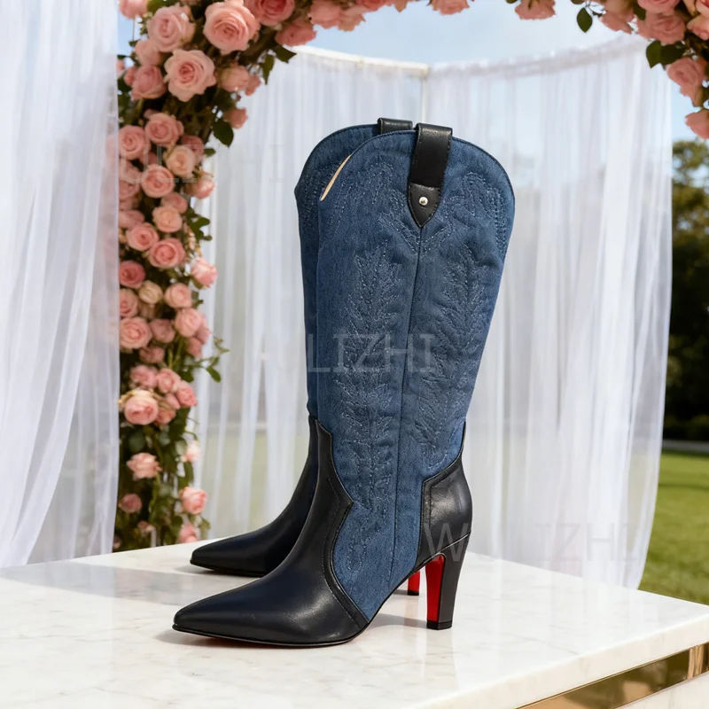 

Light Brown Suede Patterned Red Heel Boots Knee Women Denim Dark Blue Leather Pointed Toe Kitten Calf Booties Girls Black Shoes