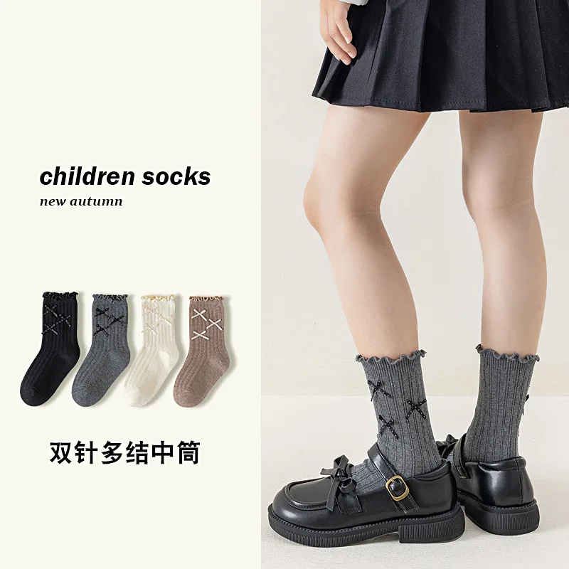 

Носки для девочек, весенне-осенние однотонные детские хлопковые носки в стиле Лолиты с бантом среднего размера, маленькая принцесса для девочек, весна и
