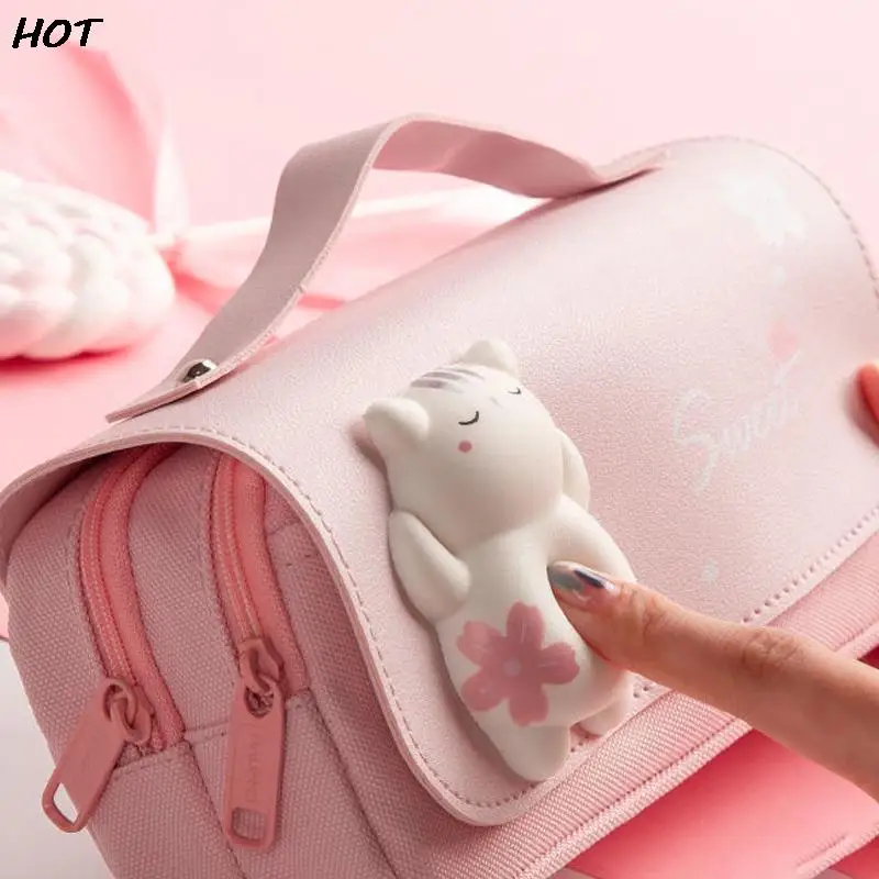 Cute Cat Large Capacity Stress Relieving Pencil Case Big Pencil Box Portable Girls Pen Bag Double Layer School Cosmetic Bag