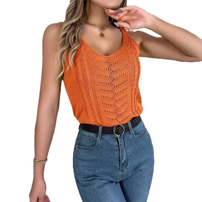 

Elegant Spring Summer Solid Color V-neck Hollow Sleeveless Tops Ins Leisure Vacation Knitwear New Fashion Women's Knitted Vest