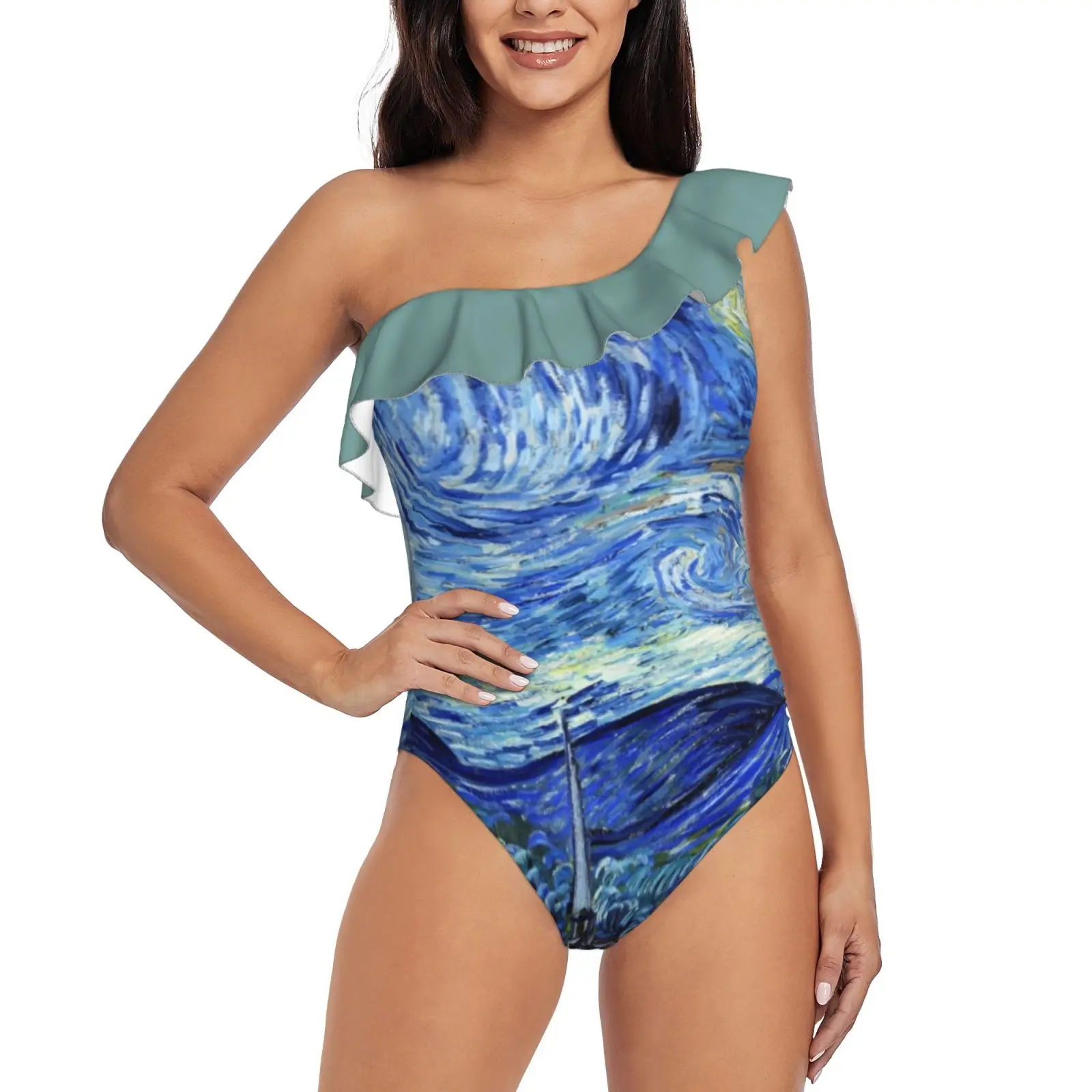 

The Starry Night-Vincent Van Gogh One-Piece Swimsuit One Shoulder Ruffle Swimsuit Sexy Monokini New Girl Beach Swimwear Starry