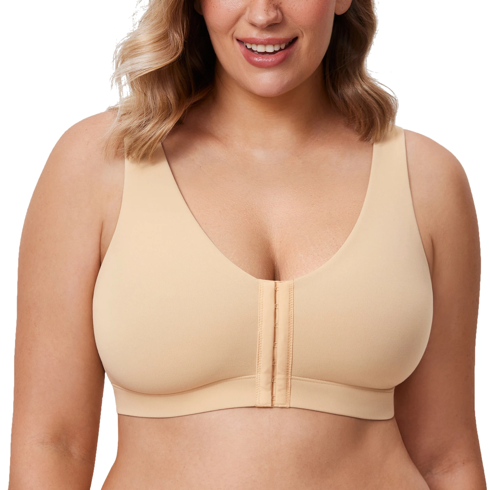 DELIMIRA Women\'s Cozzifree Front Closure Wireless Bras Plus Size Full Coverage No Underwire Unlined Comfort Bra